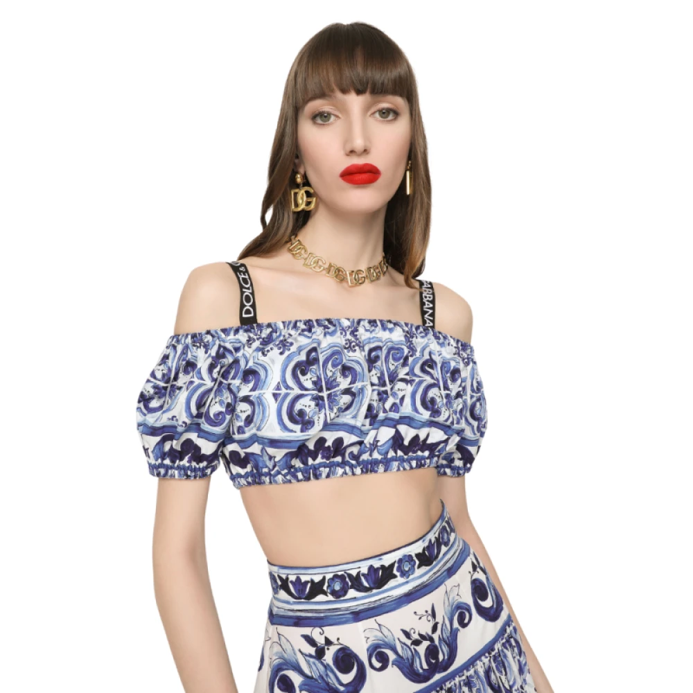 Dolce & Gabbana Gedrukte Majolica Katoenen Poplin Crop Top Blue Dames