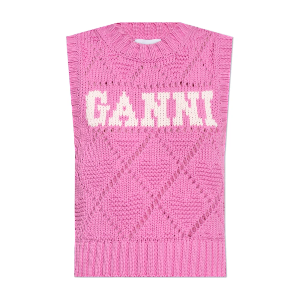 Ganni Roze Gebreide Trui Geperforeerd Ontwerp Pink Dames