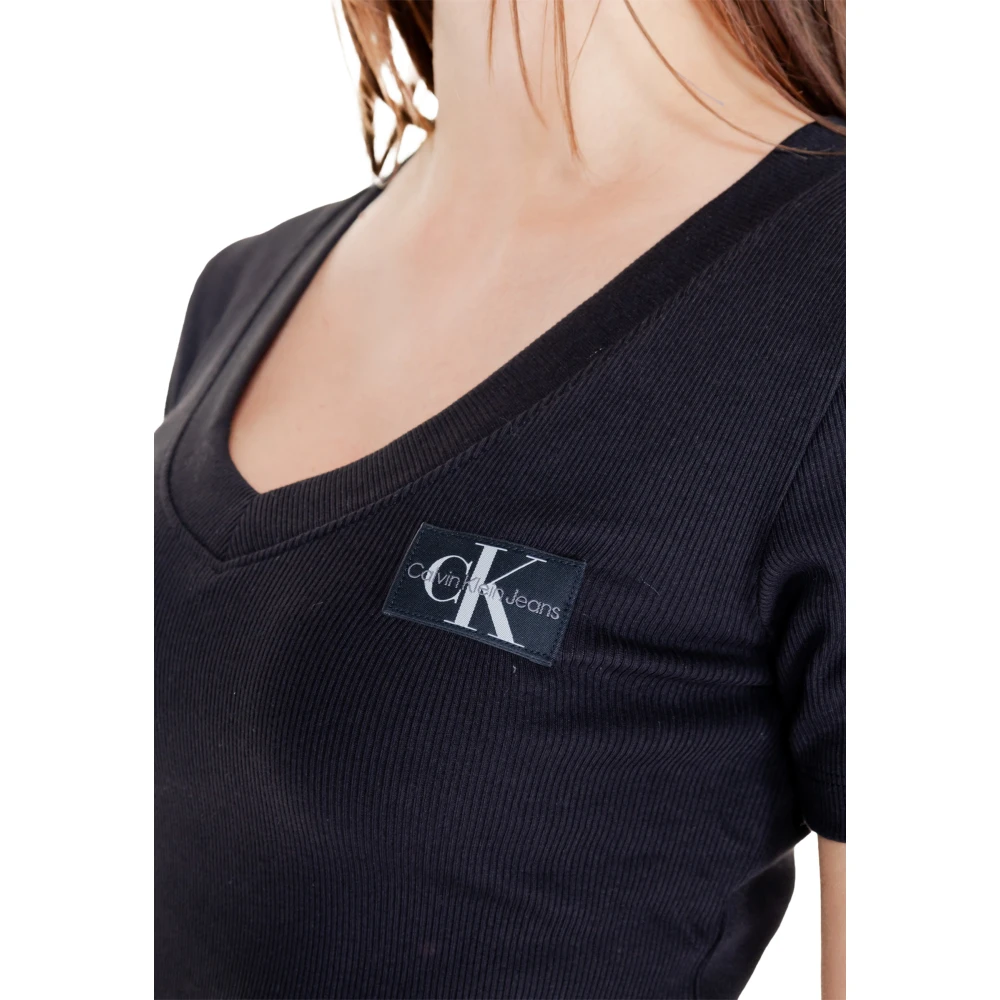 Calvin Klein Jeans Rib V-Neck T-Shirt Herfst Winter Collectie Black Dames