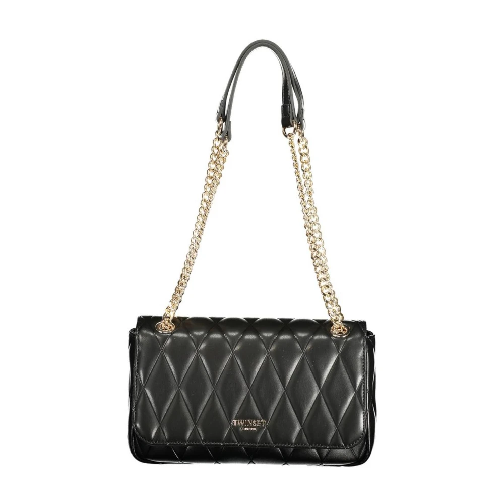 Twinset Women's Black Quilted Flap Shoulder Bag With Gold Chain Strap - Shoulder Bags - One Size- Bags