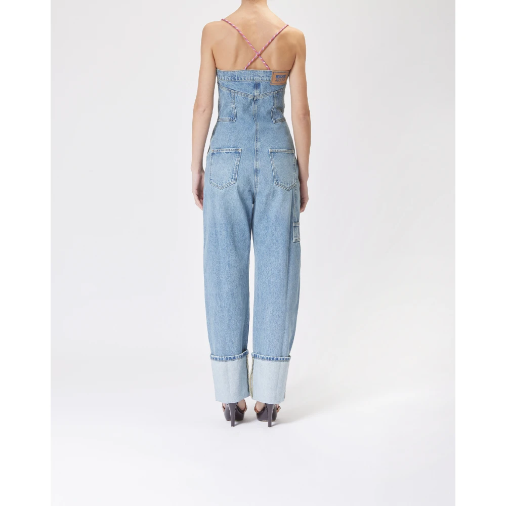 Moschino Denim Cargo Jumpsuit met Roze Trekkoorden Blue Dames