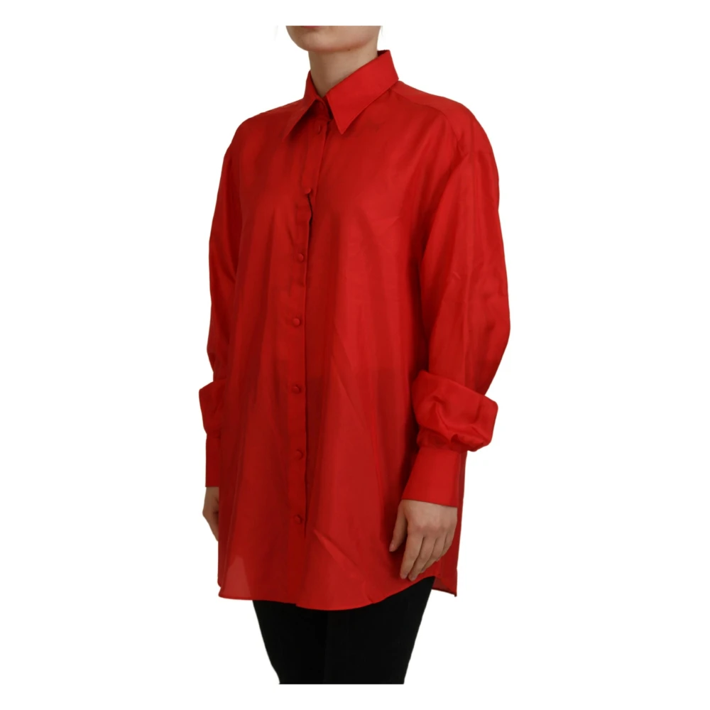 Dolce & Gabbana Rode Zijden Gekraagde Lange Mouwen Jurk Overhemd Top Red Dames