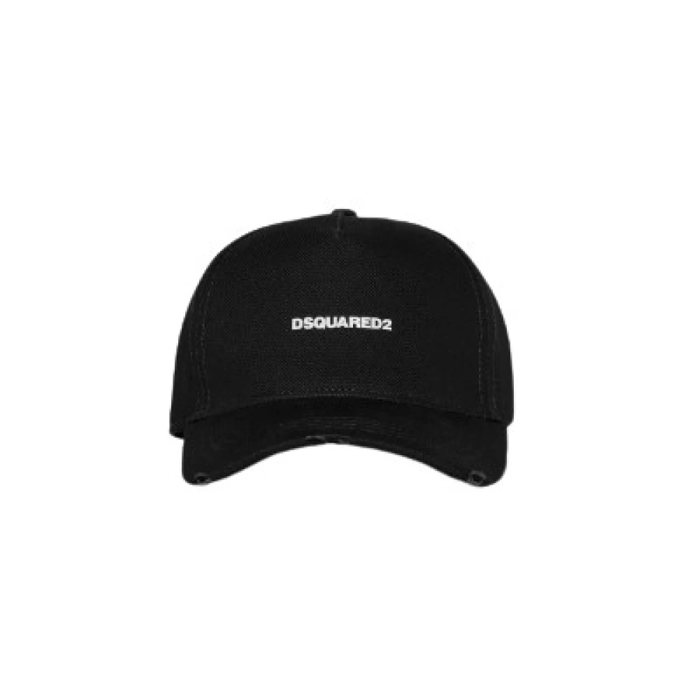 Dsquared2 Zwart Geborduurd Logo Gebogen Peak Hoed Black Heren