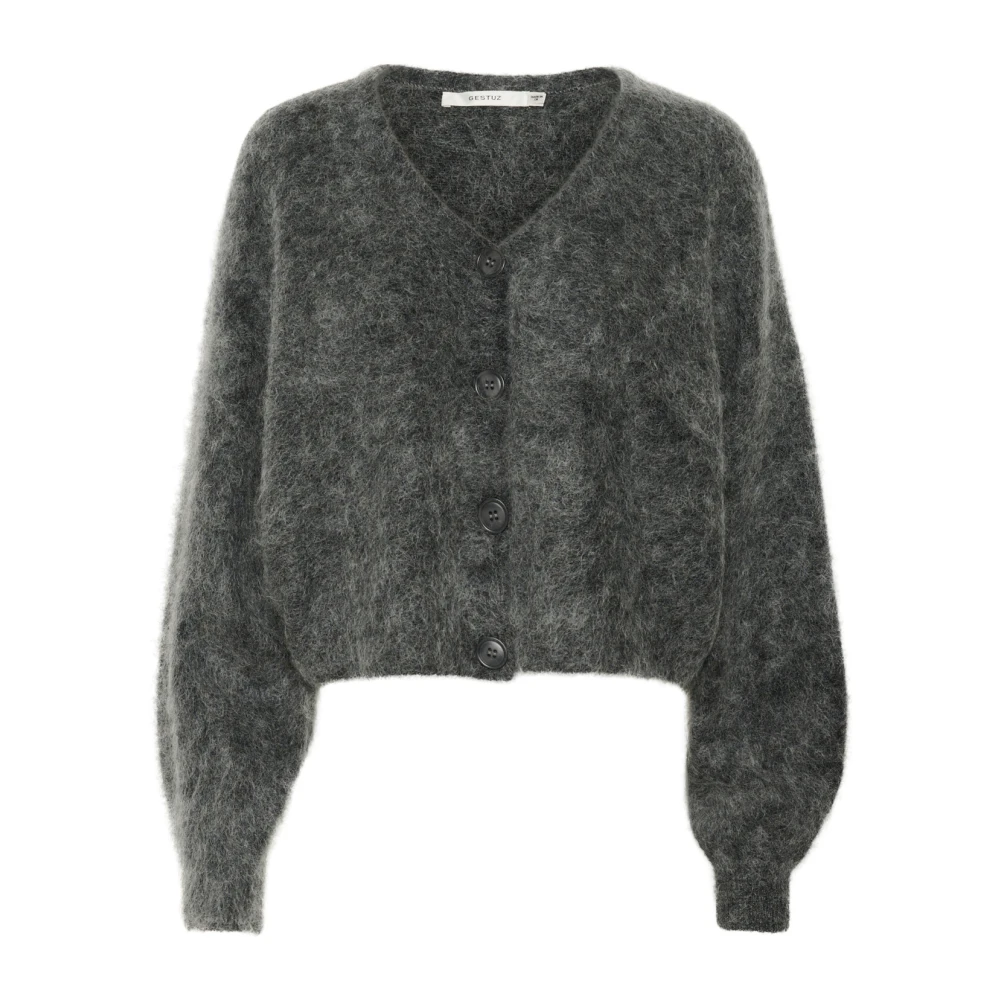 Gestuz Women's Gray Cozy Cardigan With Puff Sleeves - Cardigans - S - Knitwear