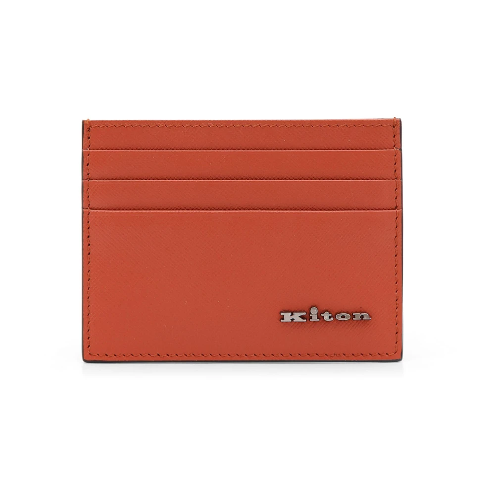 Kiton Gestikte Leren Kaarthouder met Metalen Logo Orange Heren