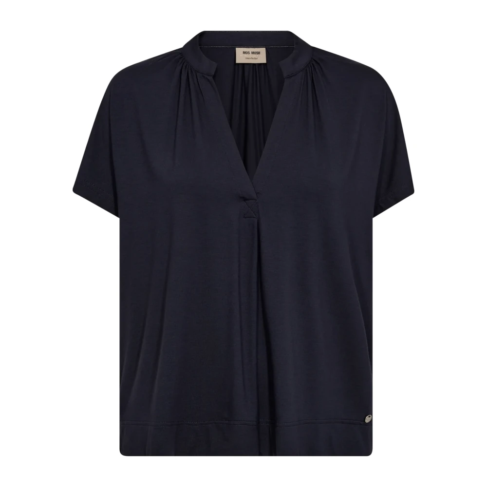 MOS MOSH Navy V-hals T-shirt met Plooien Blue Dames
