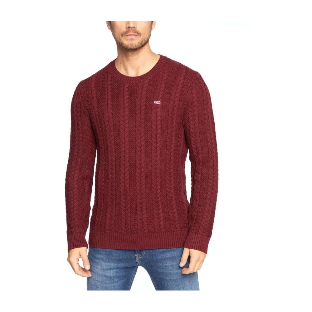 Tommy Hilfiger Burgundy Kabelstickad Tröja Red, Herr