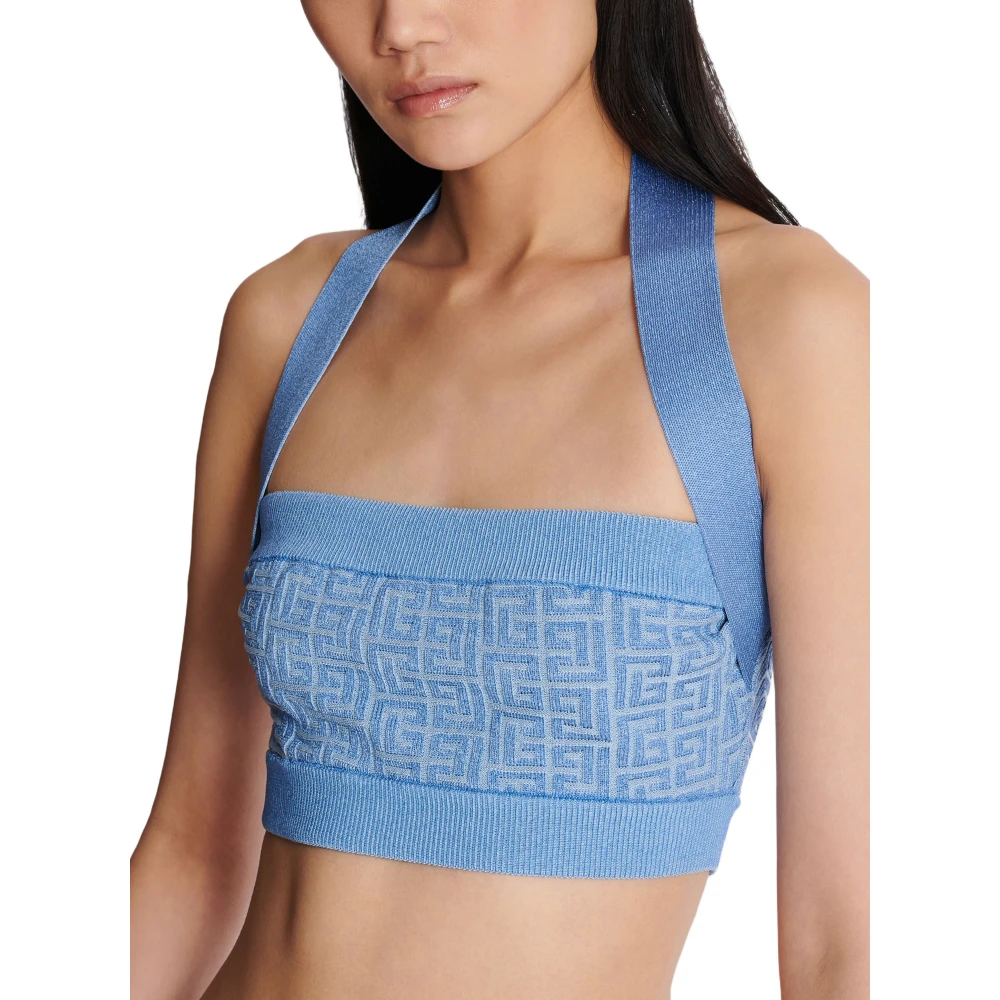 Balmain Gebreide halternek top met PB Labyrinth monogram Blue Dames