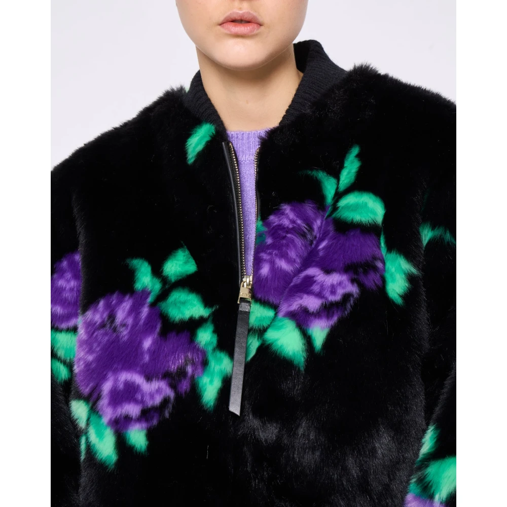 Silvian Heach Bloemen faux fur jas met geribbelde gebreide randen Black Dames
