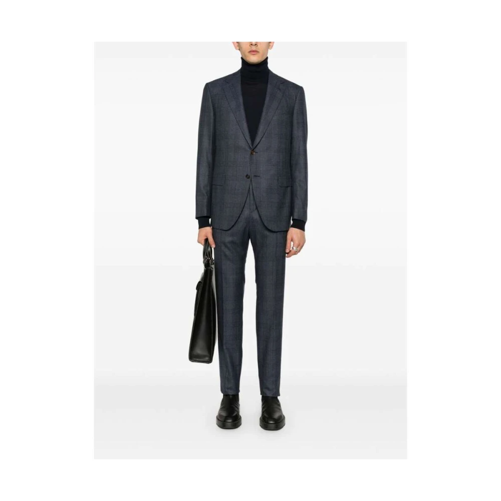 Caruso Navy Blue Wool Plaid Check Suit Blue Heren