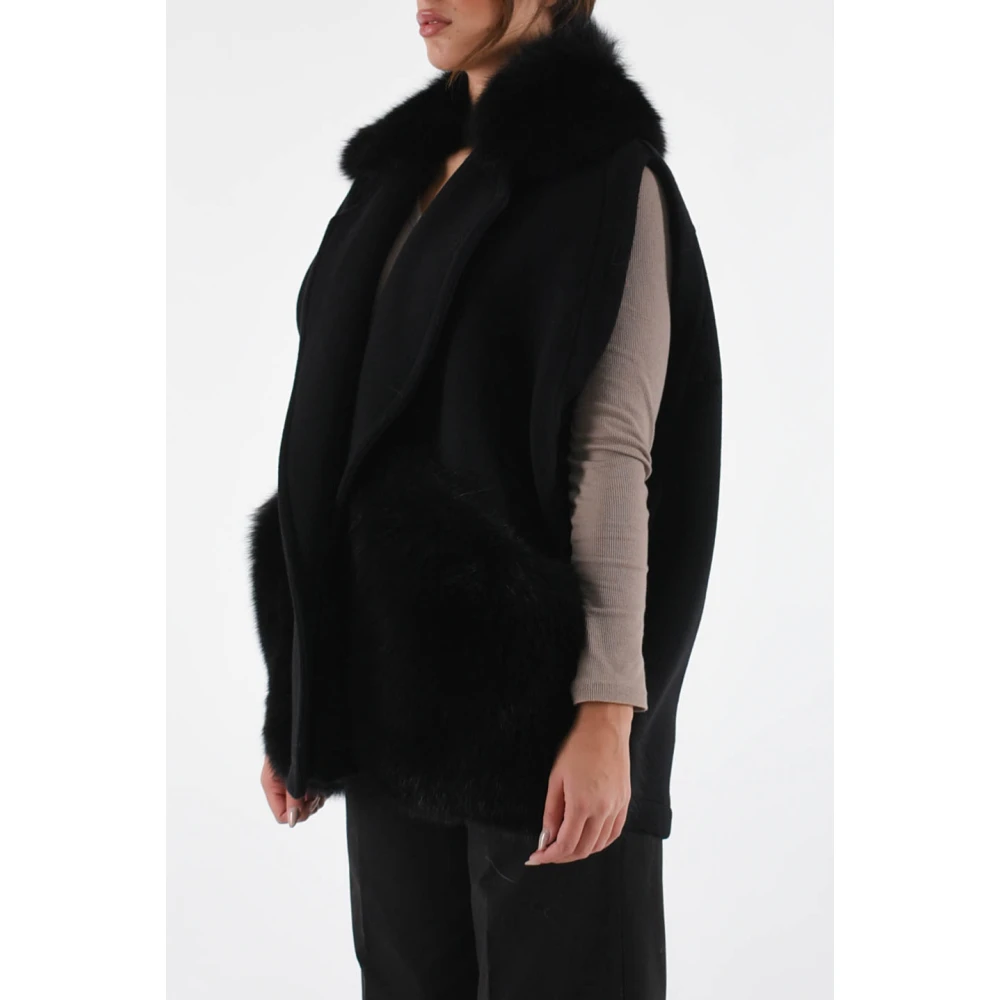 Blancha Shearling Wol Gilet met Vos Kraag Black Dames