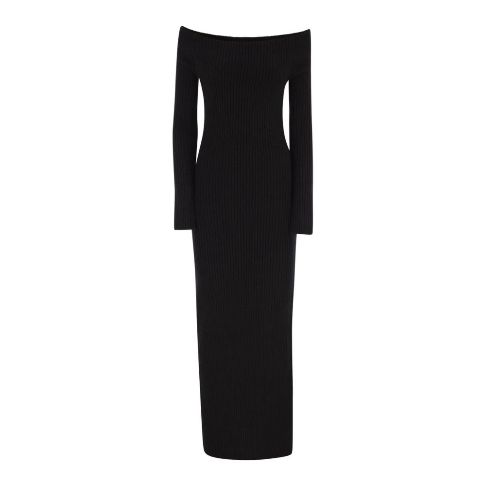 Max Mara Black Knitted Dresses, Female, L, Ribbed Knit Off-Shoulder Long Sleeve Maxi Dress