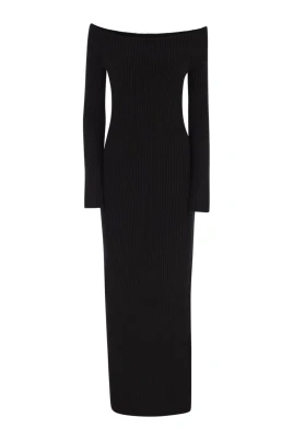 Ribbstickad Off-Shoulder Långärmad Maxiklänning