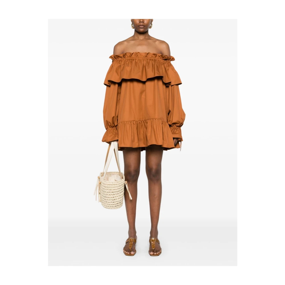 Saint Laurent Bruine Off-Shoulder Jurk met Zakken Brown Dames