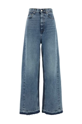 Two Tonal Fabric Paneled Wide Leg Jeans