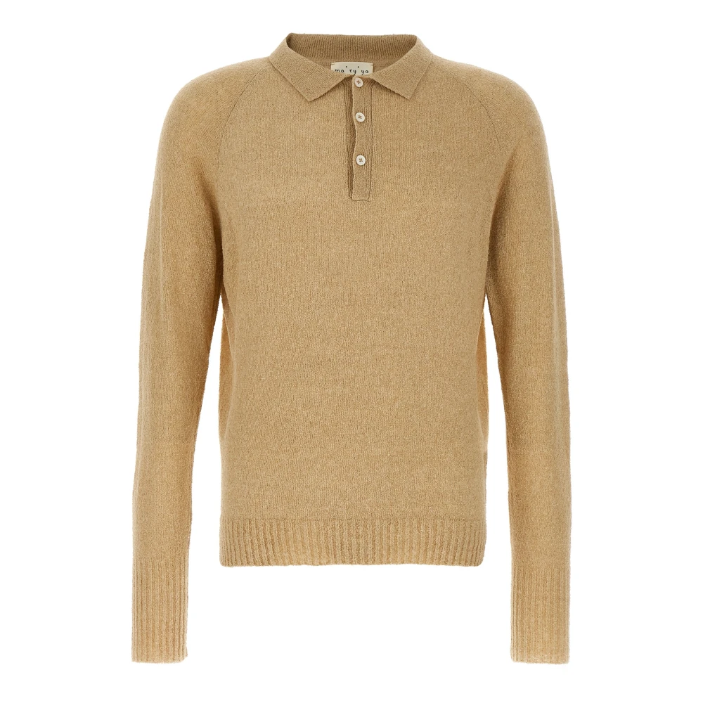 Ma'ry'ya Men's Beige V-Neck Knitwear, L, Bouclé Cotton Polo Shirt