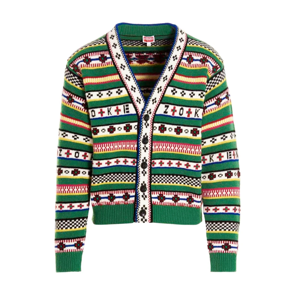 Kenzo Men's Green Cardigans, L, Fairisle Jacquard Cardigan