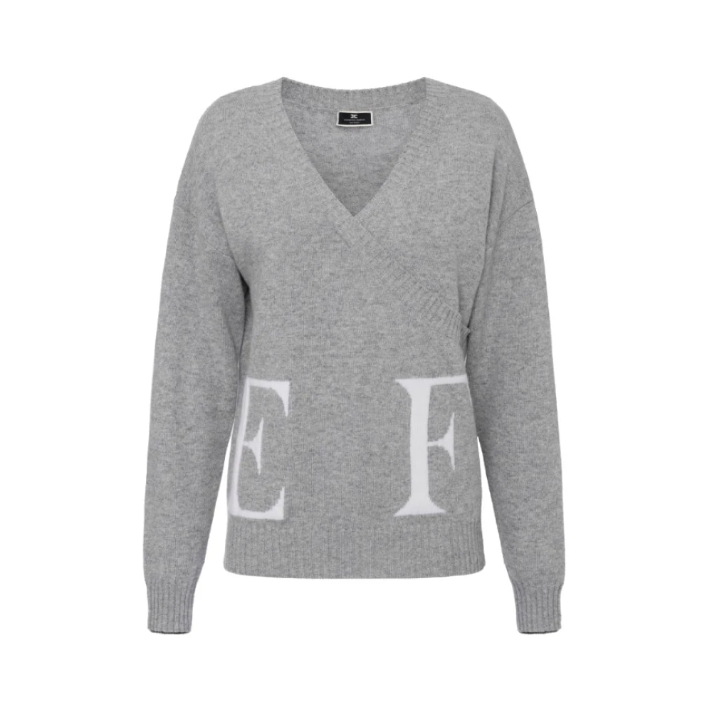 Elisabetta Franchi Logo Wollen Blend Cross Sweater Gray Dames