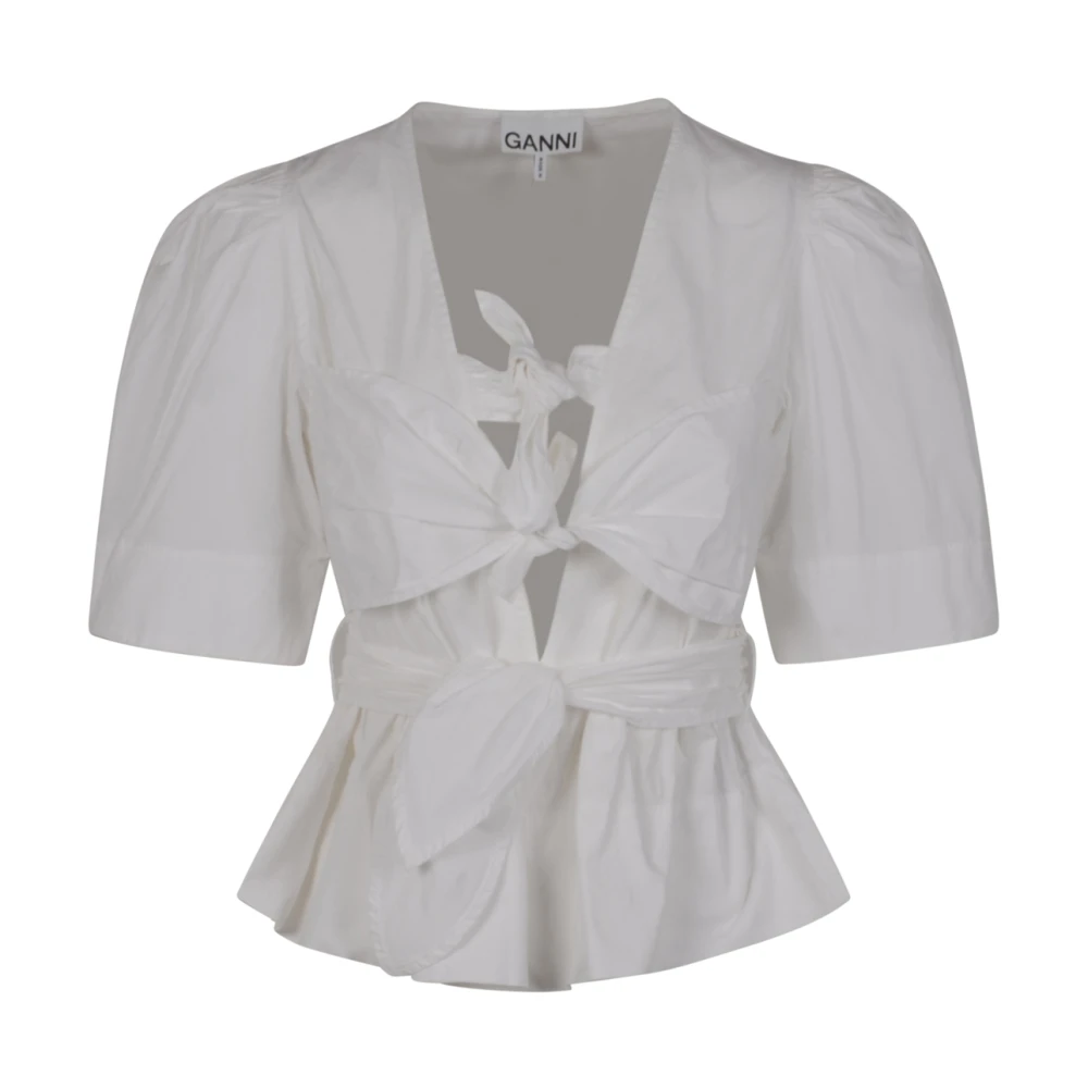 Ganni Washed Stretch Cotton Tie Strap Blouse - Female - Blouses - White - Xs - Blouses & Shirts