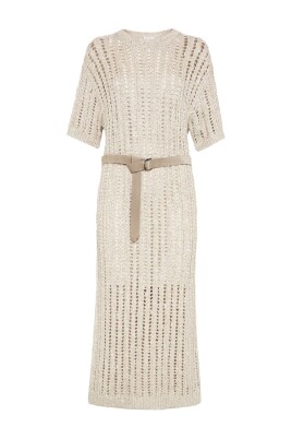 ecru-belted-crew-neck-dress