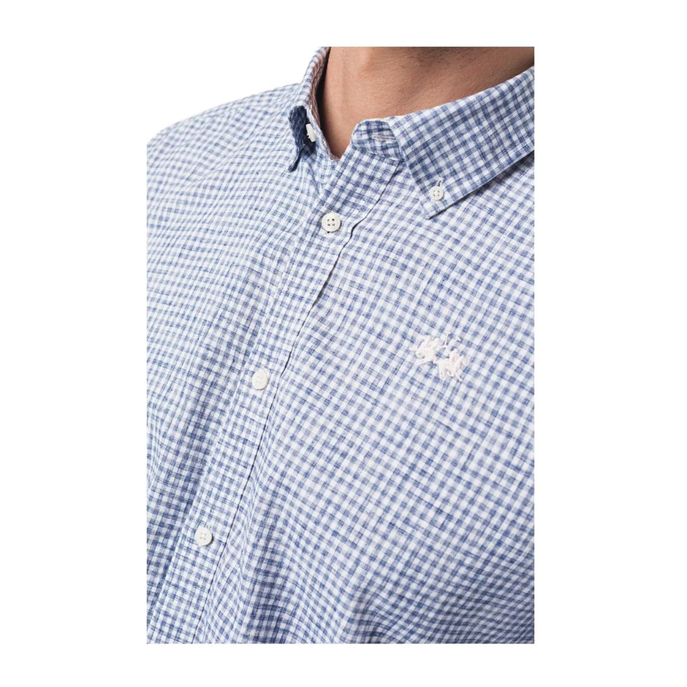 LA MARTINA Blauw Geruit Geborduurd Katoenen Overhemd Blue Heren