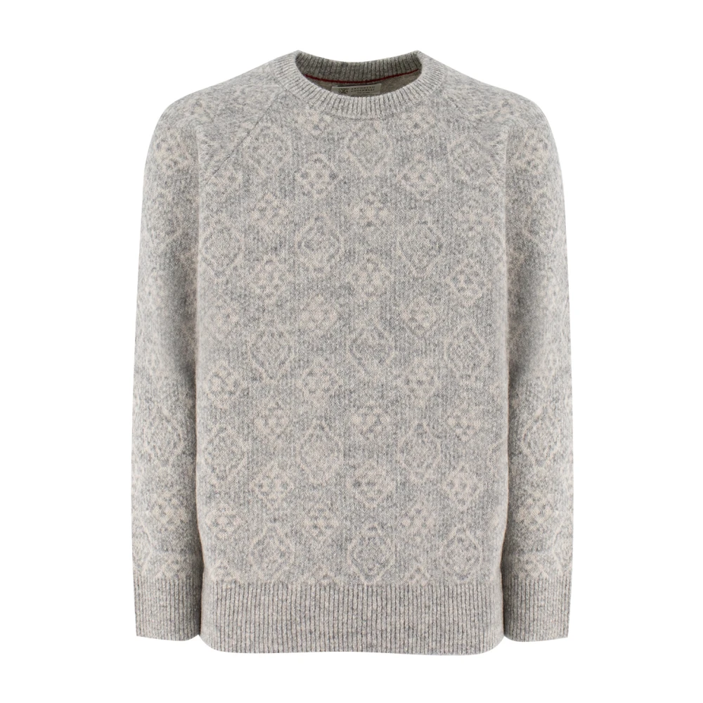 BRUNELLO CUCINELLI Elegante Crew-Neck Trui met Patroon Gray Heren