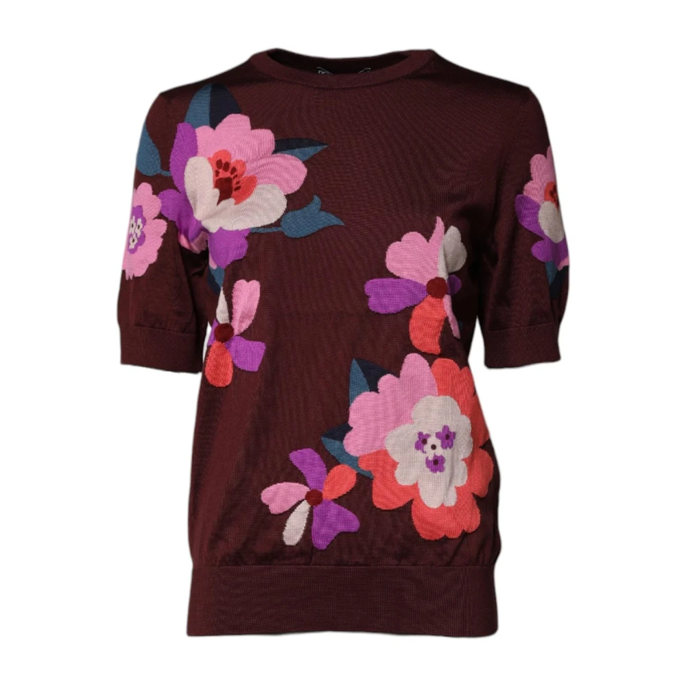 Dolce & Gabbana Women's Brown T-Shirts, M, Silk Floral Crew Neck Blouse