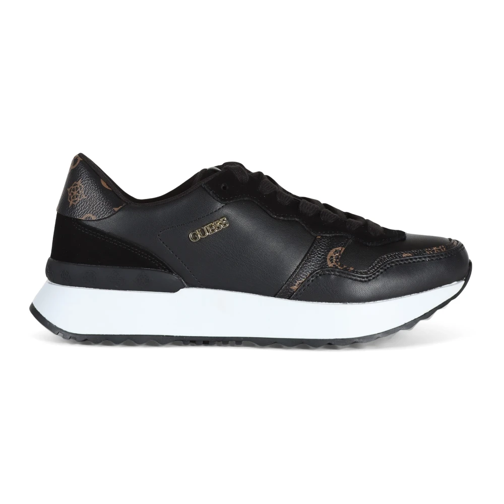 Guess Sneakers van leer en kunstleer met logo plaat Black Dames