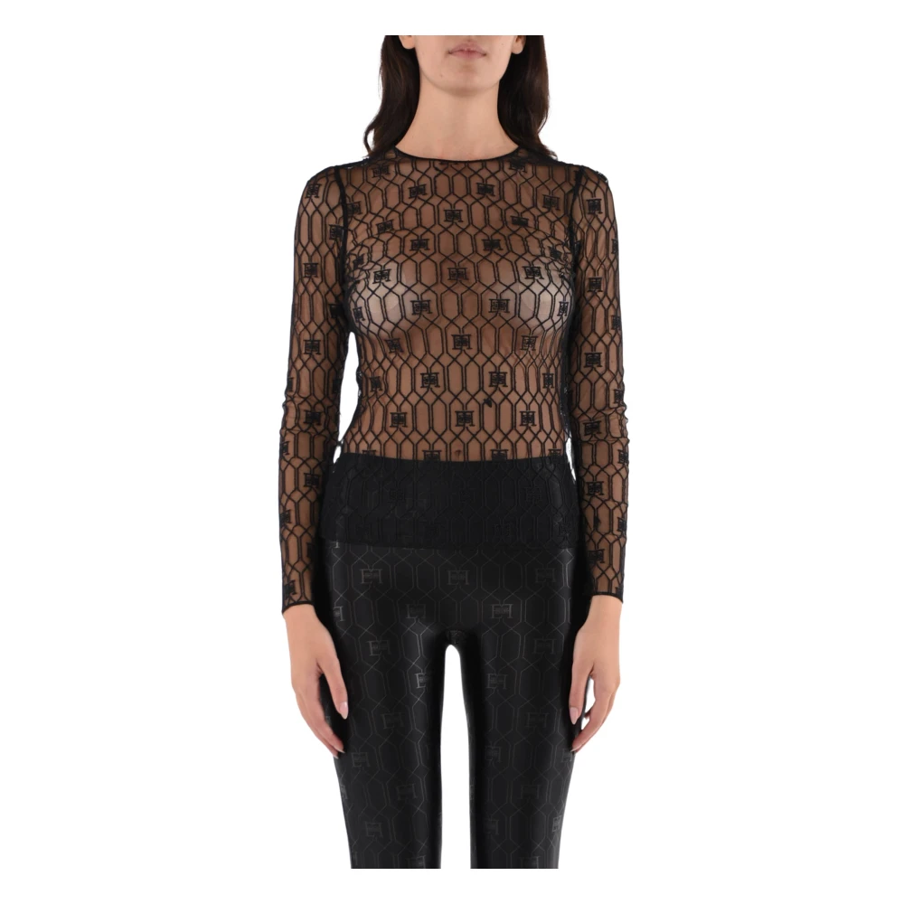 Elisabetta Franchi Geborduurde Velvet Logo Tule Top Black Dames