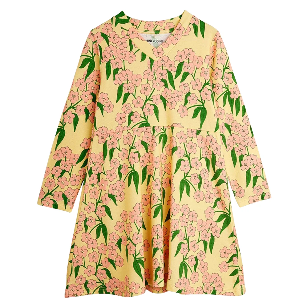 Mini Rodini Girls Yellow Dresses, 10 Y, Alpine Flowers Long Sleeve Dress