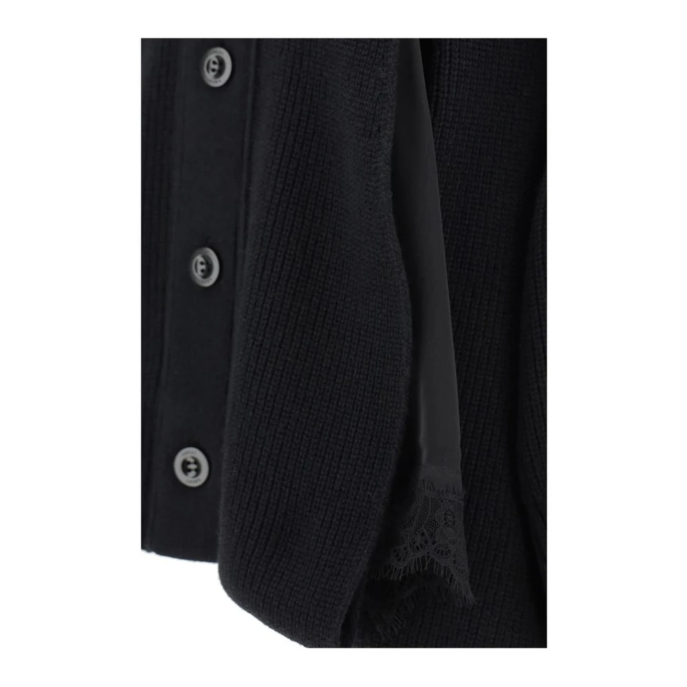Sacai Kanten Inzet V-Hals Wollen Vest Black Dames