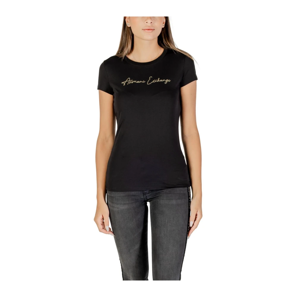 Armani Exchange Women's Black Sparkling Rhinestone Round Neck T-Shirt