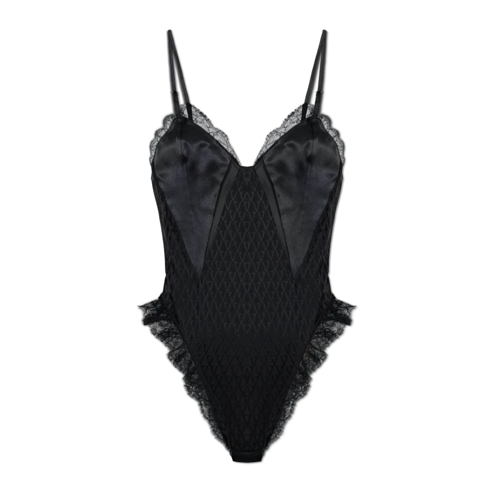 Versace Vrouw Zwart Tops Dames, L, Satijn, Body Met Kanten Inzetstukken
