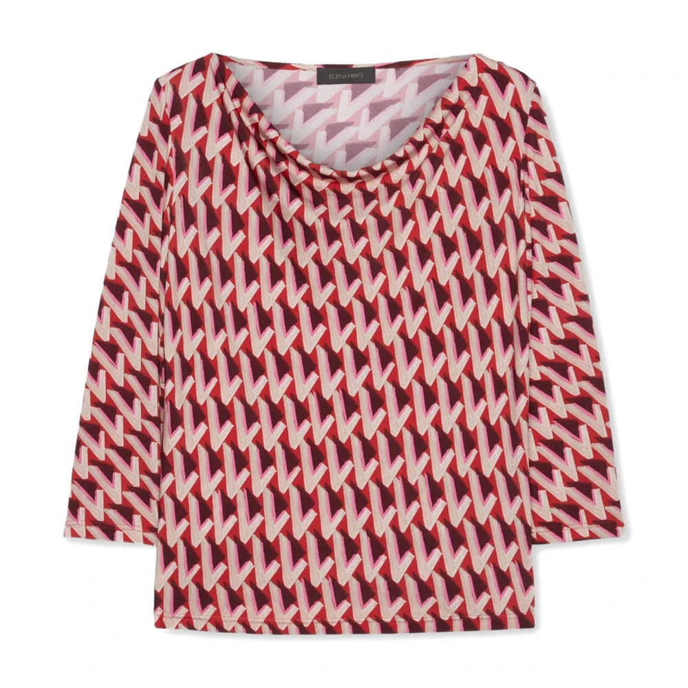 Elena Mirò Bedrukt T-shirt met watervalhalslijn Red Dames