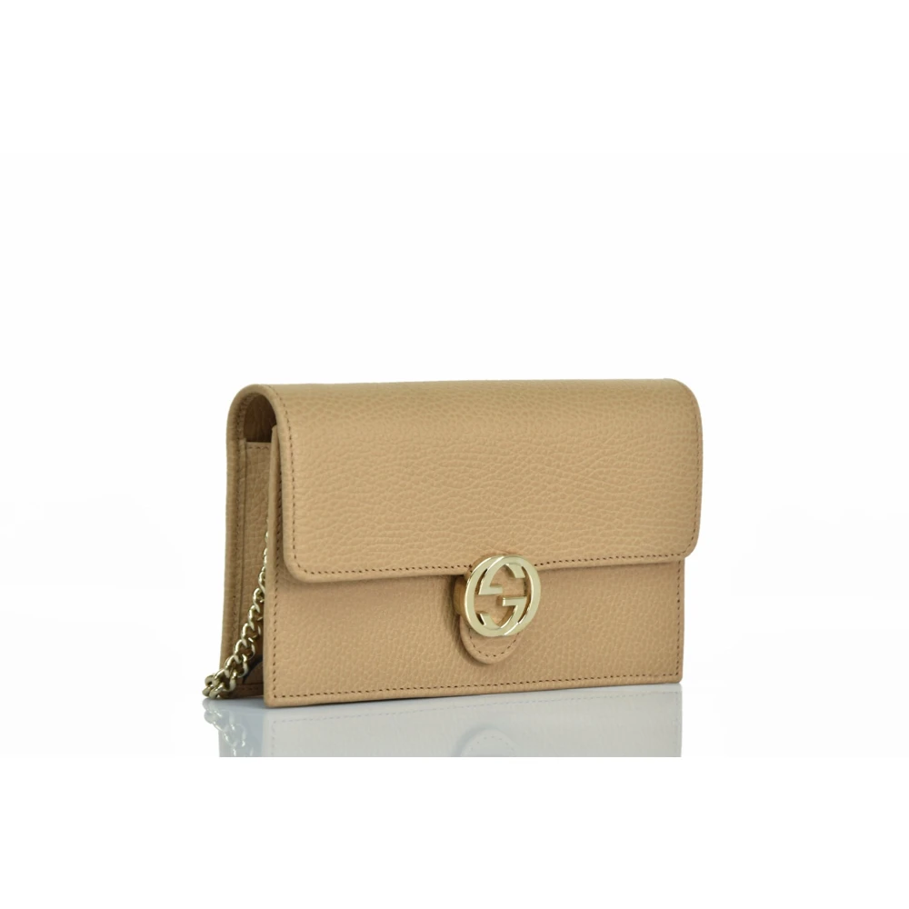 Gucci Interlocking Pebbled Leather Crossbody Tas Beige Dames