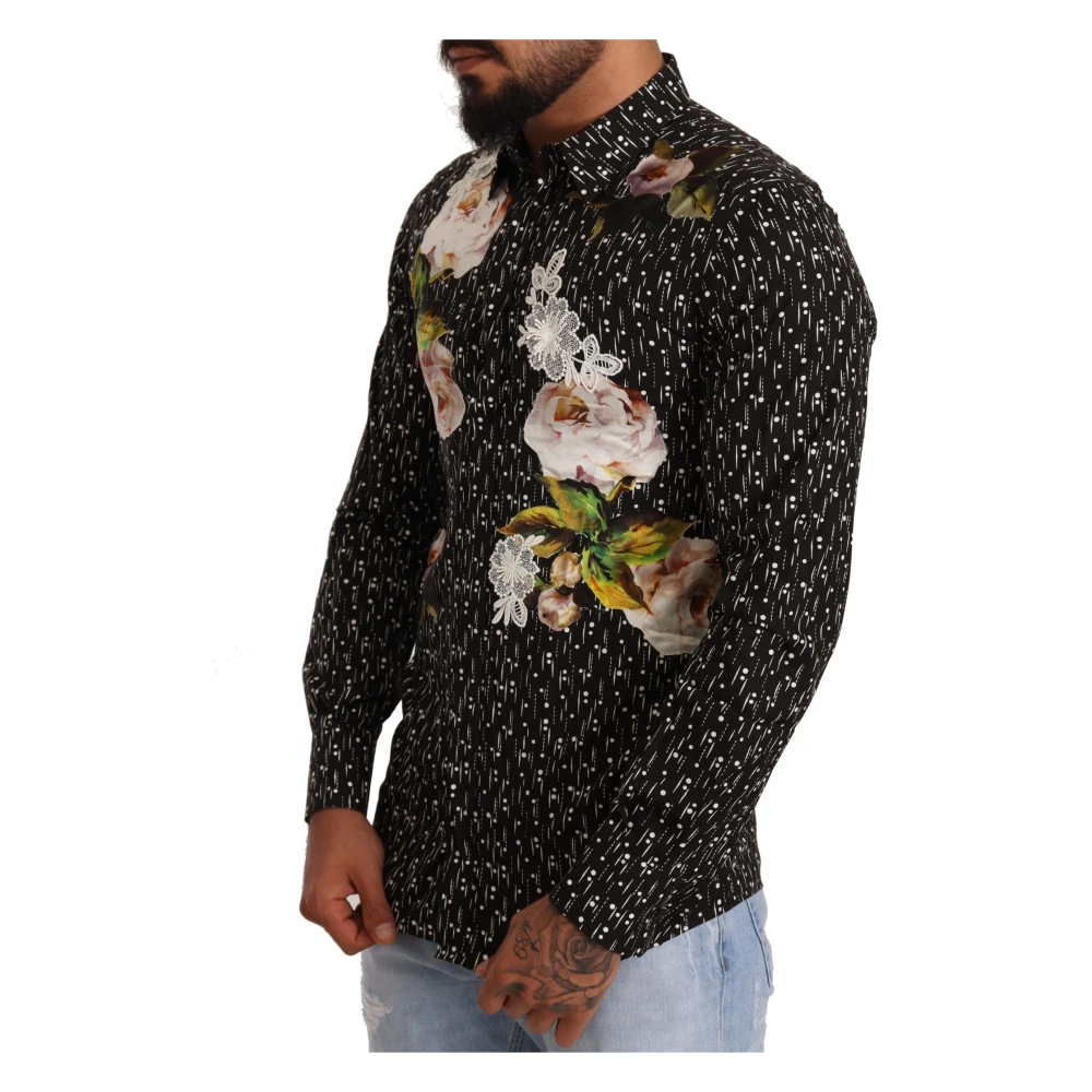 Dolce & Gabbana Zwarte Bloemen Geborduurde Katoenen Overhemd Black Heren