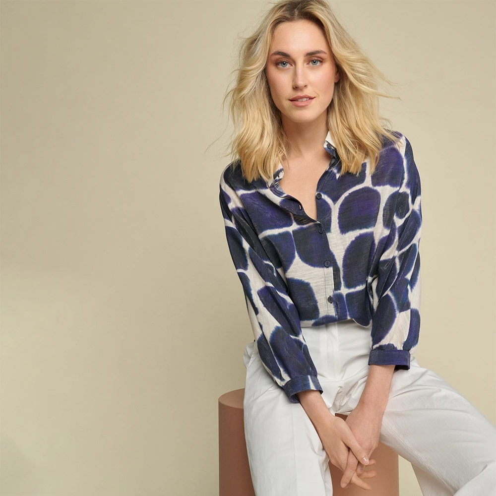 Marie Méro Stijlvol Print Linnen Viscose Blouse Blue Dames