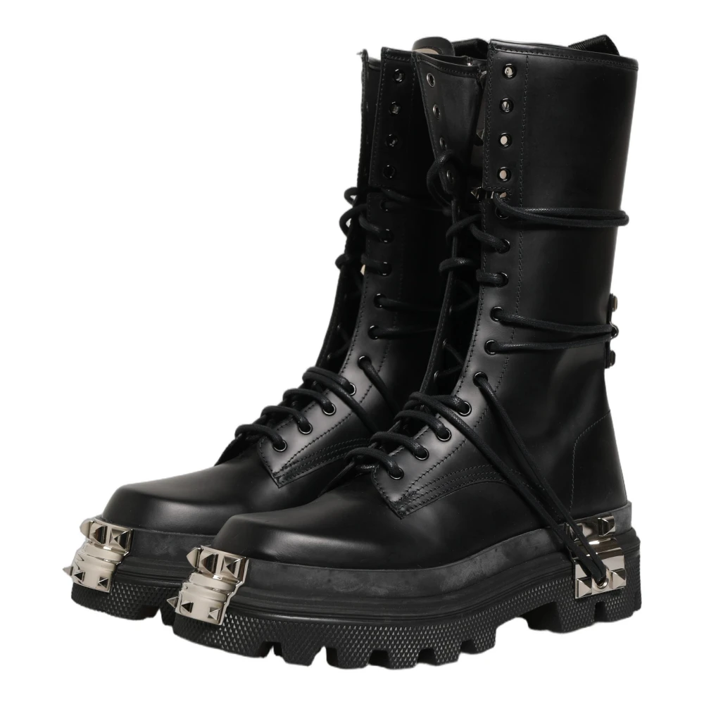 Dolce & Gabbana Men's Black Lace-Up Boots, 10 Uk, Stud Platform Combat Boots