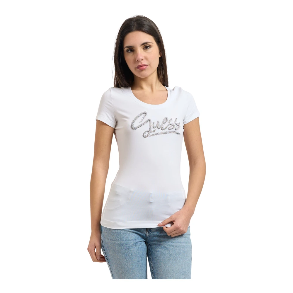 Guess Women's White T-Shirts, M, Logo Rhinestones T-Shirt