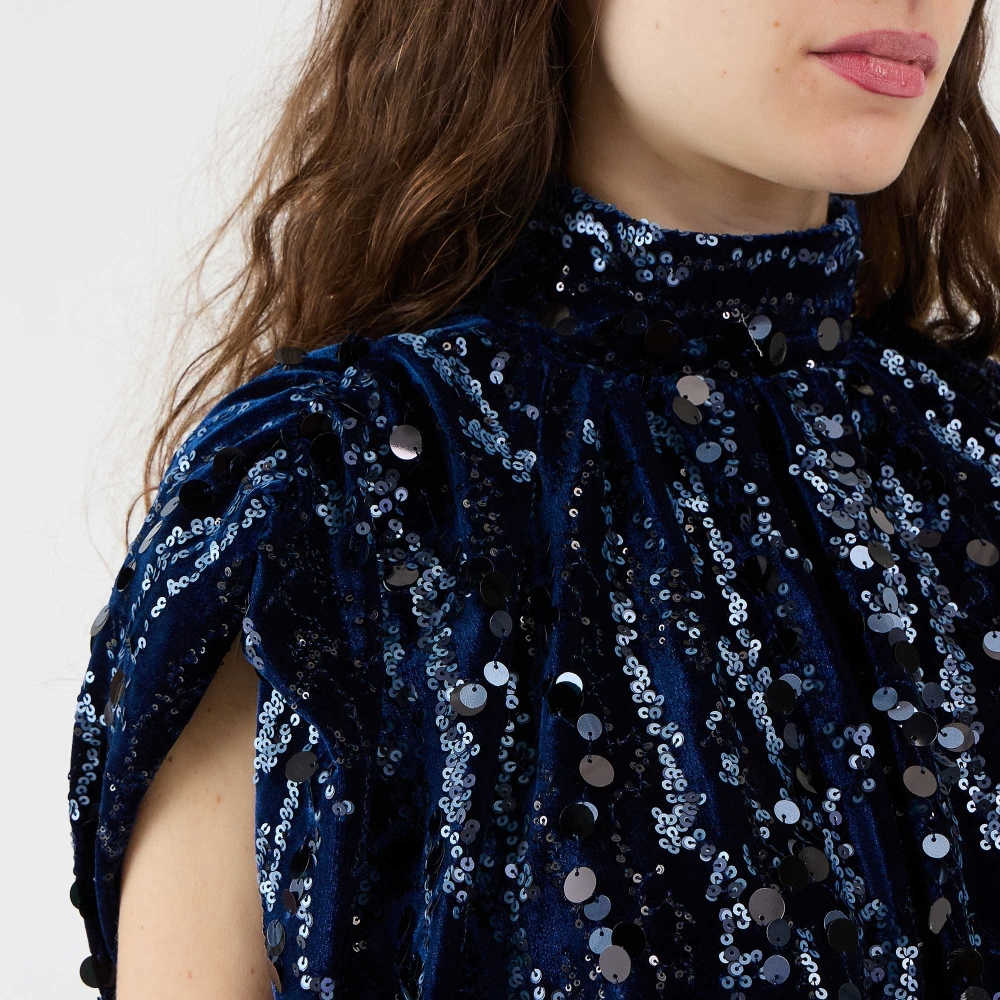 Sabina Musayev Navy Velvet Paillet Top Blue Dames