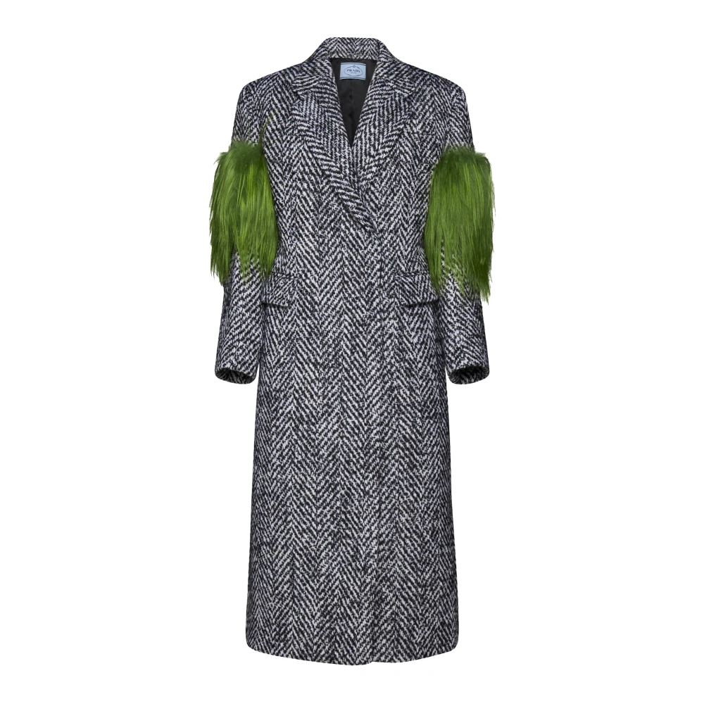 Prada Gray Double-Breasted Coats, Female, S, Herringbone Wool Coat