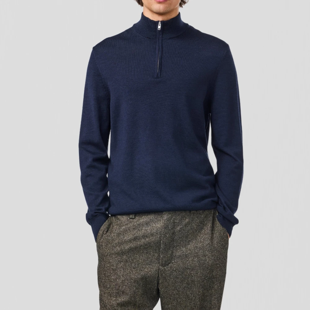 Nn07 Merino Wol Zip Mock Polo Shirt Blue Heren