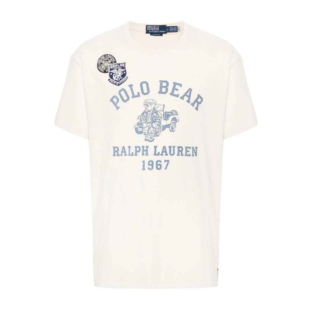 Polo Ralph Lauren Tryckt vit T-shirt med logopatch och Polo Bear-print White, Herr