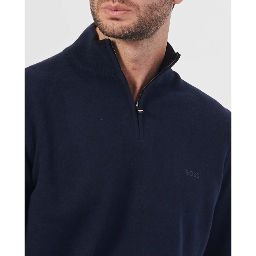 Hugo Boss Blauwe Wol Zip Trui Blue Heren