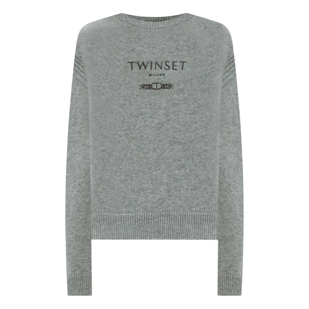 Twinset Grijze Wol Cashmere Logo Trui Gray Dames