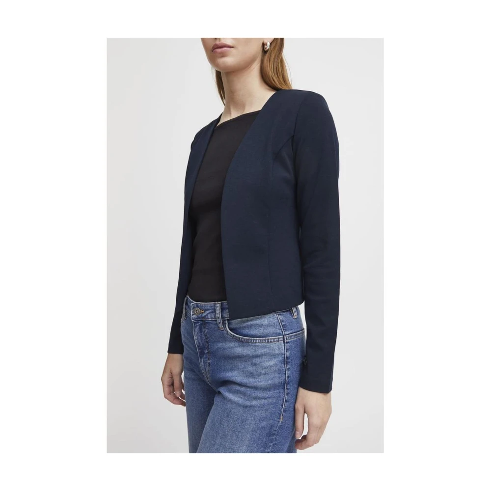 Ichi Navy Lange Mouwen Open Front Blazer Blue Dames