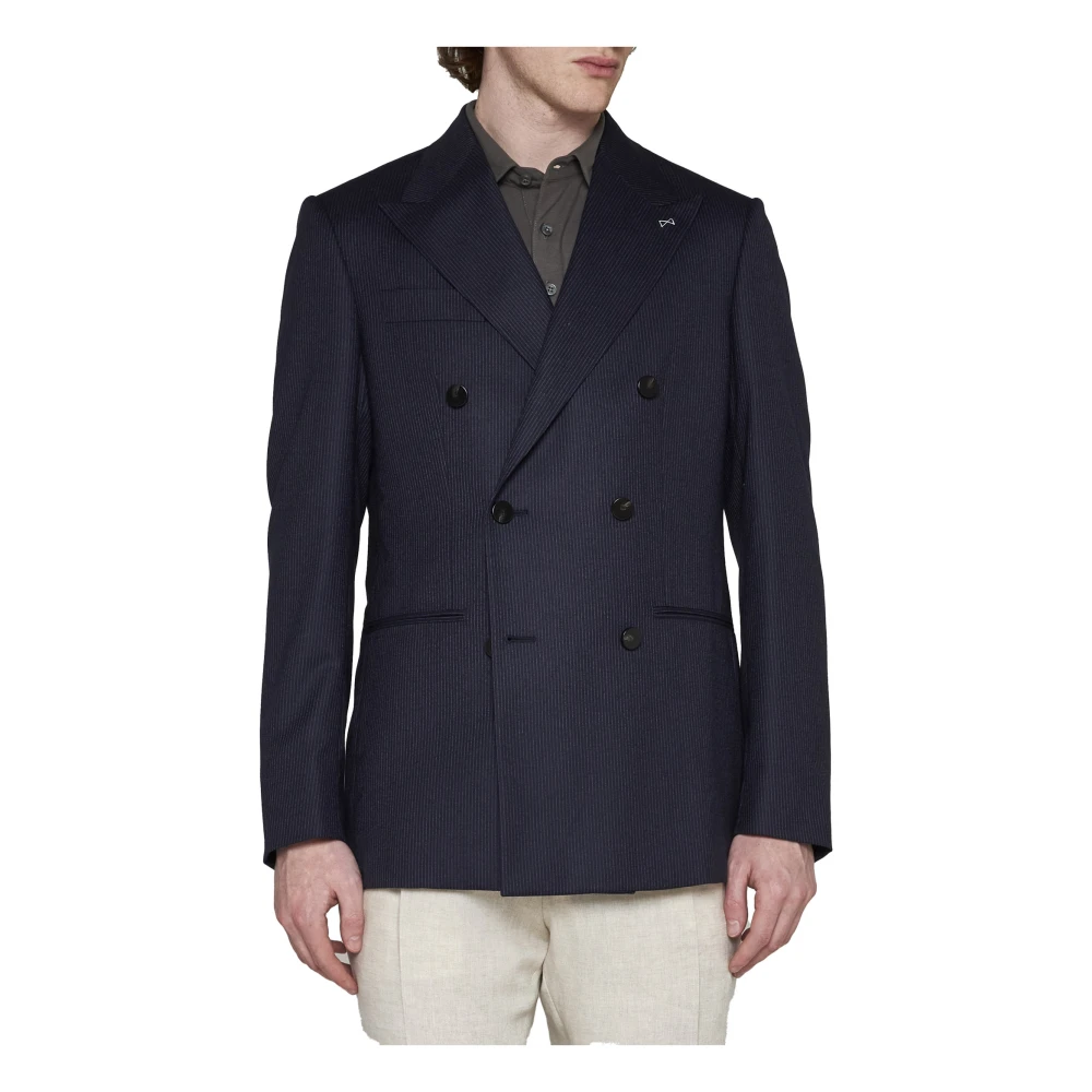 D4.0 Gestreepte wollen blazer met pieklapels Blue Heren