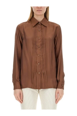 Pleated Silk Button-Up Shirt