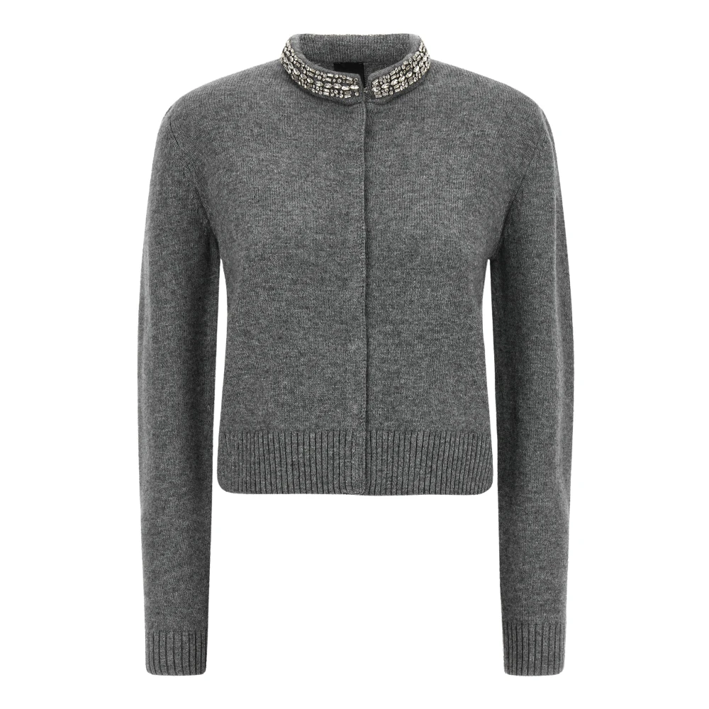 Pinko Embellished Raised-Neck Cardigan - Female - Cardigans - Gray - L - Knitwear
