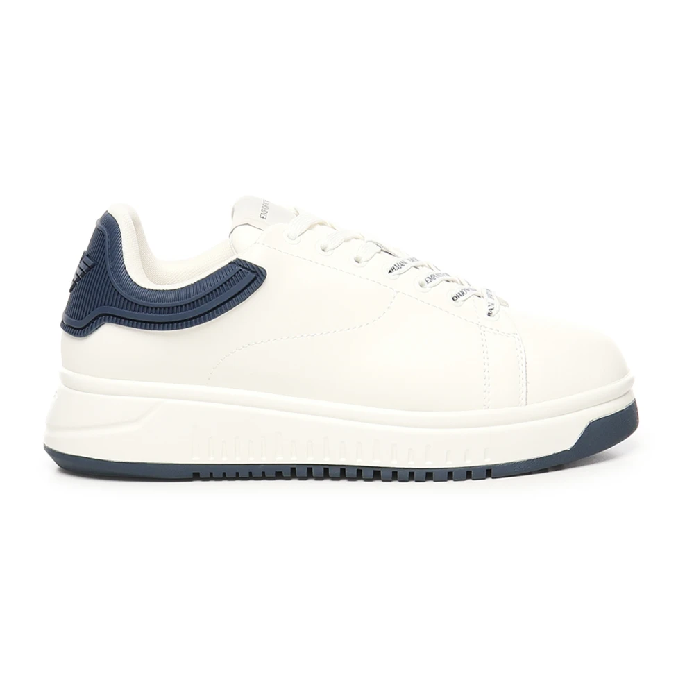 Emporio Armani Vit Blå Läder Sneakers Snörning White, Herr